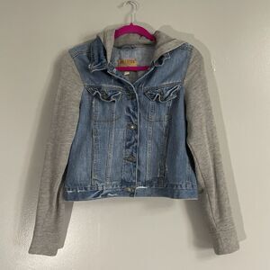 Youth Hollister Denim Jacket With Cloth Sleeves Hood Large Distressed